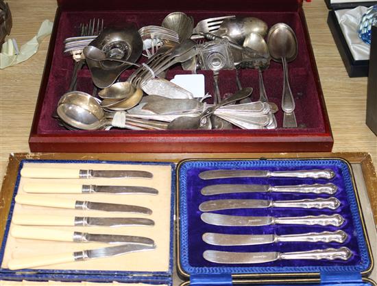 Six Victorian silver spoons, a silver inkstand and assorted plated flatware